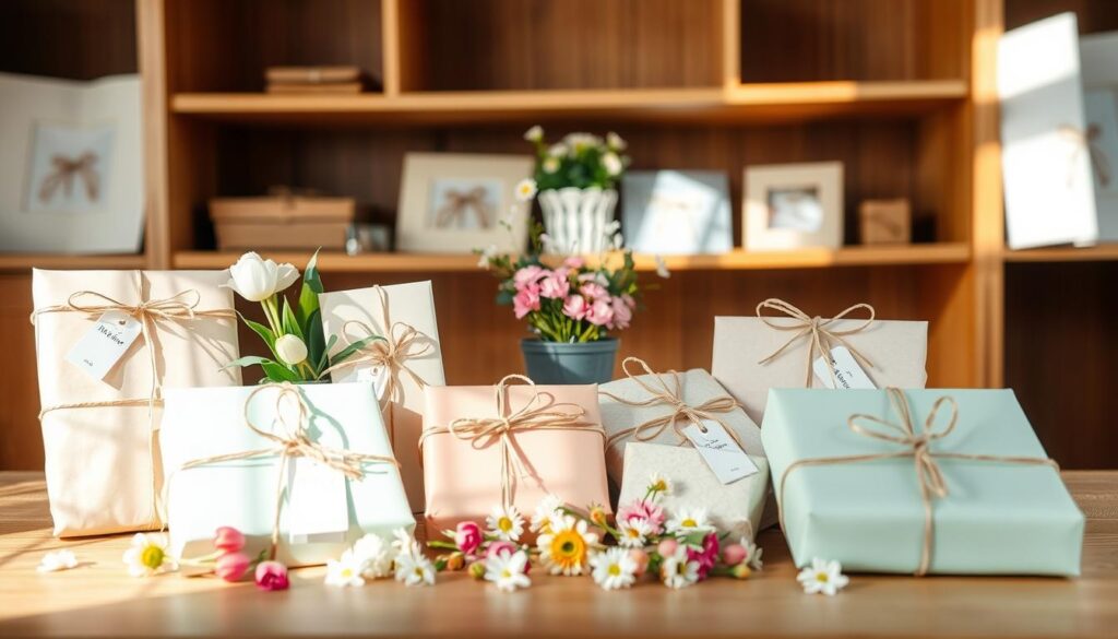Elegant arrangement of Mother's Day gifts, showcasing a mix of thoughtful handmade items and delicate floral accents. Soft, natural lighting illuminates a wooden table or shelving unit, creating a warm, inviting atmosphere. In the foreground, a collection of neatly wrapped packages in pastel hues, tied with ribbons and adorned with whimsical tags or labels. Surrounding the gifts, a sprinkling of freshly picked flowers, such as tulips, daisies, or carnations, adding a touch of natural beauty. In the middle ground, potted plants or a small vase of flowers provide additional visual interest and a sense of organic harmony. The overall composition evokes a sense of care, creativity, and the celebration of motherhood.