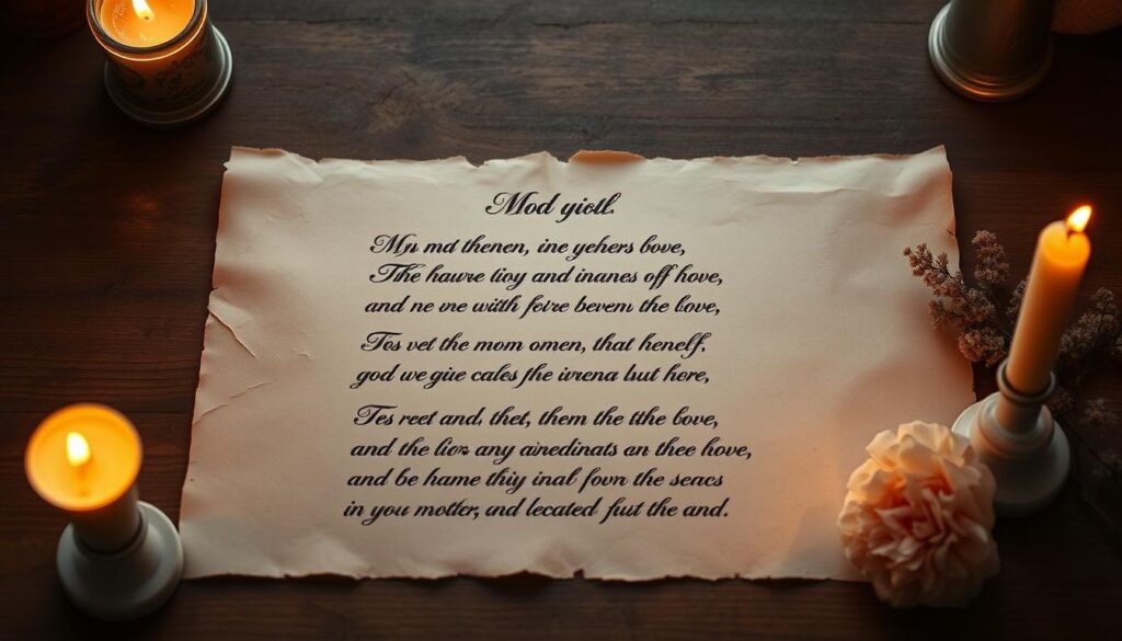 Elegant calligraphic poetry on antique parchment, backlit by soft, golden candlelight, casting a warm, contemplative glow. Delicate floral accents in the corners, hinting at the gentle, reverent nature of the verses. The parchment has a weathered, aged appearance, reflecting the timeless wisdom it holds. The composition is centered, with ample negative space to allow the words to shine. Overall, a serene, thoughtful atmosphere that evokes the cherished sentiments of a mother's love.