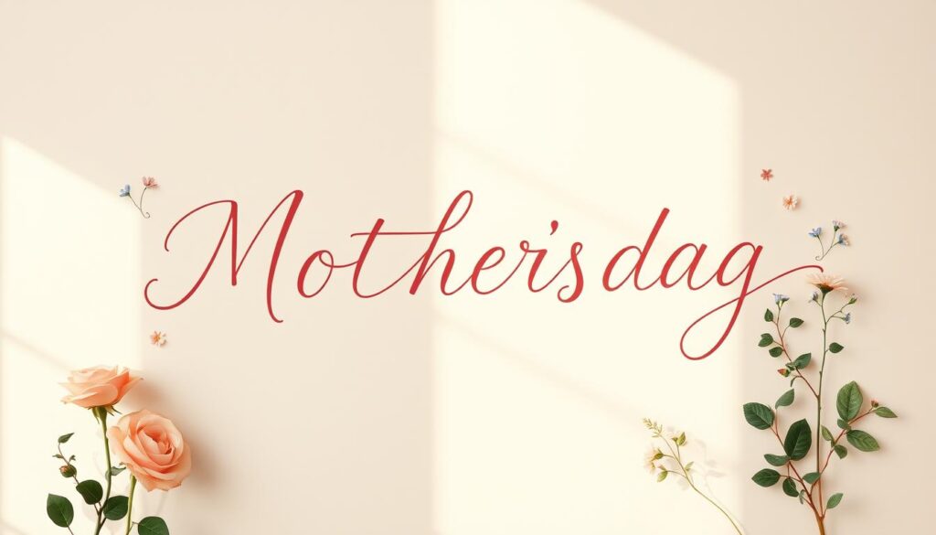 Elegant cursive text delicately unfurling across a soft, pastel-hued canvas, forming heartfelt Muttertag messages. Thoughtful, handcrafted typography accented by whimsical floral illustrations - blooming roses, delicate forget-me-nots, and lush greenery. Warm, natural lighting casts a gentle glow, evoking a serene, contemplative mood. Minimalist composition with ample negative space allows the beautifully crafted words and flourishes to take center stage. Convey a sense of care, appreciation, and the personal touch of a handmade Mother's Day greeting.