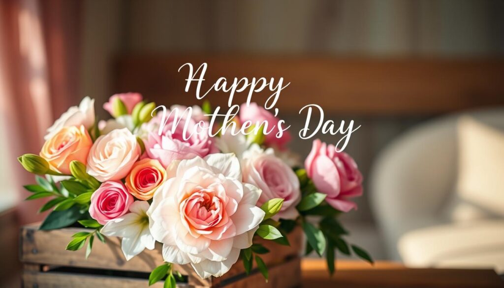 Elegant floral Mother's Day quotes displayed on a soft, blurred background. In the foreground, a stunning bouquet of fresh, vibrant flowers in pastel hues - roses, lilies, and peonies arranged in a rustic wooden crate. Warm, natural lighting filters through, creating a cozy, inviting atmosphere. The quote text is handwritten in a modern calligraphic style, delicately overlaying the flowers. The composition is balanced, with the floral elements drawing the eye and the text subtly complementing the scene. An intimate, heartfelt Mother's Day celebration captured in a serene, sentimental image.