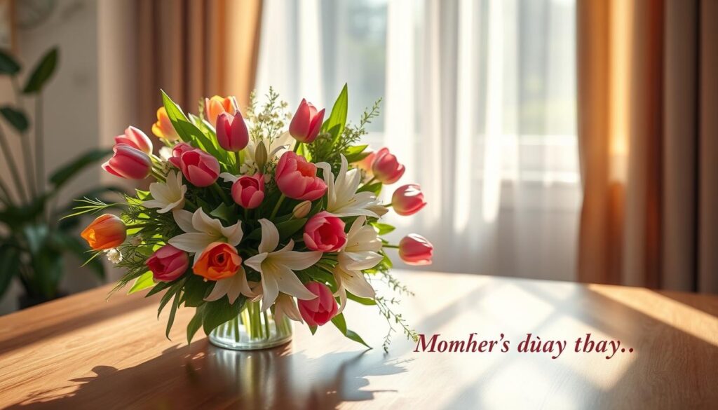 Elegant floral arrangement in a sunlit room, featuring a bouquet of fresh spring flowers - vibrant tulips, delicate lilies, and lush greenery. The bouquet is placed on a polished wood table, casting soft shadows. A serene, peaceful atmosphere with warm, natural lighting filters through sheer curtains. The composition exudes a sense of tranquility and appreciation, capturing the essence of a classic Mother's Day greeting.