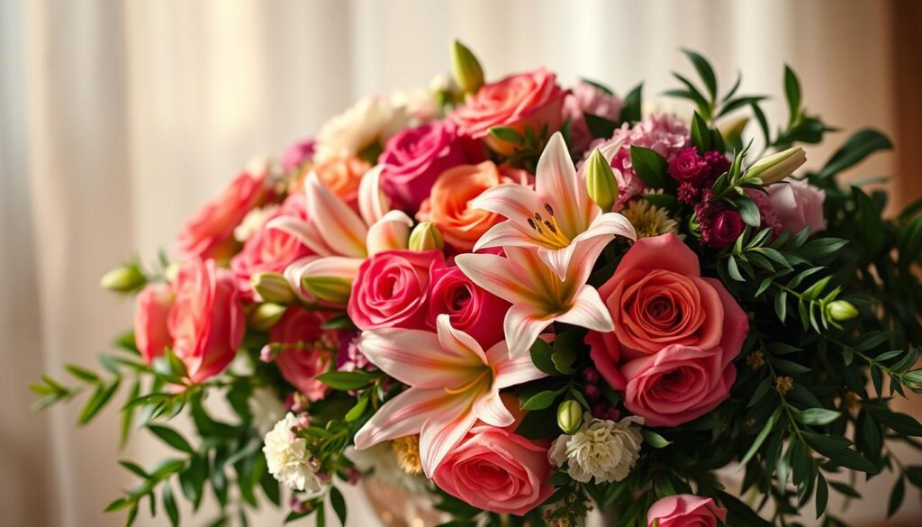 Elegant floral arrangement in soft, warm lighting, symbolizing the appreciation and reverence for mothers. A bouquet of vibrant roses, lilies, and carnations cascades across the frame, framed by lush greenery. The arrangement is set against a serene, blurred background, creating a sense of tranquility and timelessness. The overall composition conveys a feeling of grace, beauty, and the deep, abiding love that children have for their mothers. Captured with a shallow depth of field, the delicate petals and verdant foliage come into focus, drawing the viewer's eye to the center of the image.