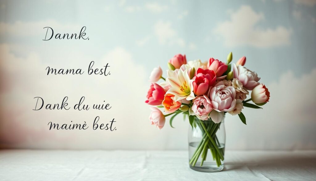 Elegant, hand-lettered motherly affirmations displayed on a soft, textured background resembling fine stationery. The foreground features a delicate cluster of heartfelt messages like "Danke, dass du meine Mama bist" and "Du bist die Beste" in a calligraphic script. The middle ground showcases a bouquet of vibrant spring flowers - tulips, lilies, and peonies - in a simple glass vase. The background depicts a dreamy, pastel-hued scene with wispy clouds in a pale blue sky, evoking a sense of warmth and tenderness. Subtle photographic grain and depth-of-field blur create an intimate, personal aesthetic. The overall mood is one of genuine appreciation and celebration of motherhood.