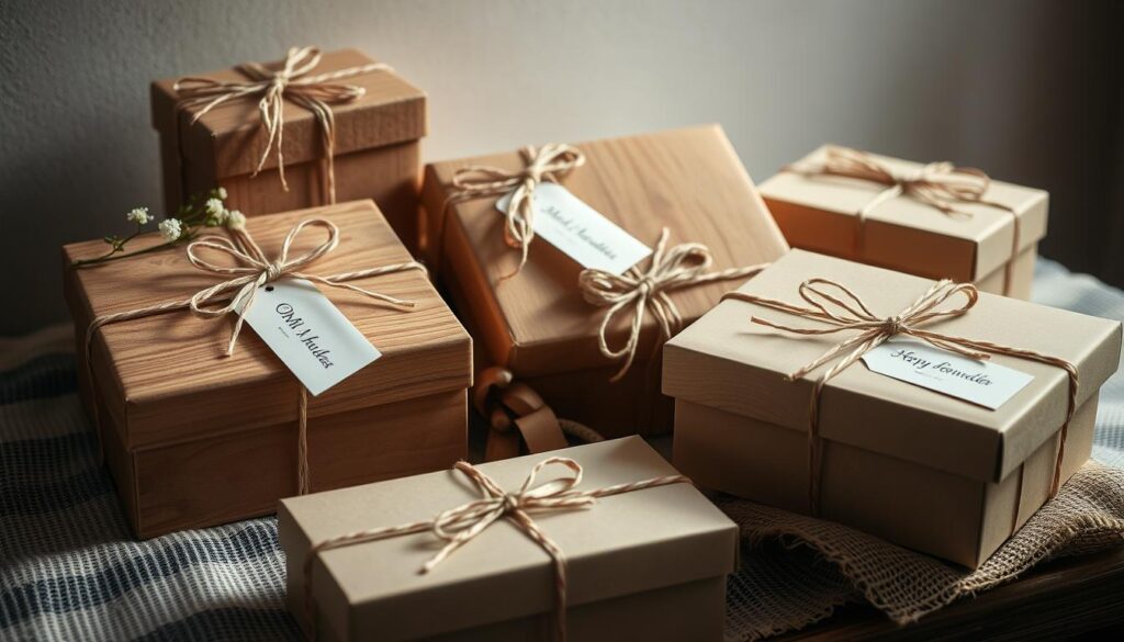 Elegant handcrafted gift boxes in warm, earthy tones with natural textures like wood, burlap, and twine. Muted floral accents and a calming, rustic aesthetic. Delicate ribbons and minimalist labels add a touch of sophistication. Soft, diffused lighting from various angles highlights the thoughtful details and artisanal quality. An intimate, cozy atmosphere that evokes a sense of grandmotherly affection and timeless charm, perfect for gifts honoring a beloved Oma.