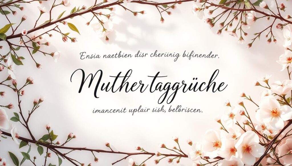 Elegant handwritten calligraphy of warm and heartfelt "Muttertagsprüche" floating amidst a serene garden of softly blooming flowers, dappled sunlight filtering through delicate petals. A harmonious composition of natural elements like twigs, leaves, and delicate floral wreaths, creating an atmosphere of tenderness and maternal love. Muted color palette of pastel hues, with subtle textures and a gentle, dreamy quality, evoking a sense of timeless sentimentality. The layout is balanced and visually pleasing, with the text elegantly integrated into the overall design.