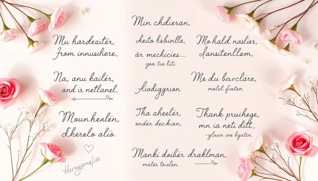 Elegant handwritten calligraphy phrases on a serene, pastel-colored background. A collection of classic and modern "Muttertagsgrüße" - heartfelt Mother's Day wishes from daughters and sons. Delicate floral elements like roses, carnations, and baby's breath frame the text, creating a timeless, romantic atmosphere. Soft, natural lighting casts gentle shadows, emphasizing the heartfelt sentiments. The layout is clean and balanced, with the phrases arranged in a visually appealing composition. An heirloom-quality aesthetic that evokes the thoughtfulness and appreciation of Mother's Day.