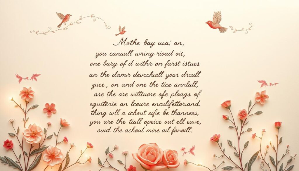 Elegant handwritten poem on a pastel background, with whimsical illustrations of flowers, birds, and other nature elements surrounding the text. The poem should convey a lighthearted, joyful, and affectionate tone suitable for Mother's Day. Soft, warm lighting illuminates the scene, creating a cozy, intimate atmosphere. The composition should be balanced and visually appealing, with the poem as the focal point. Use a vintage or traditional artistic style to evoke a timeless, nostalgic feel.