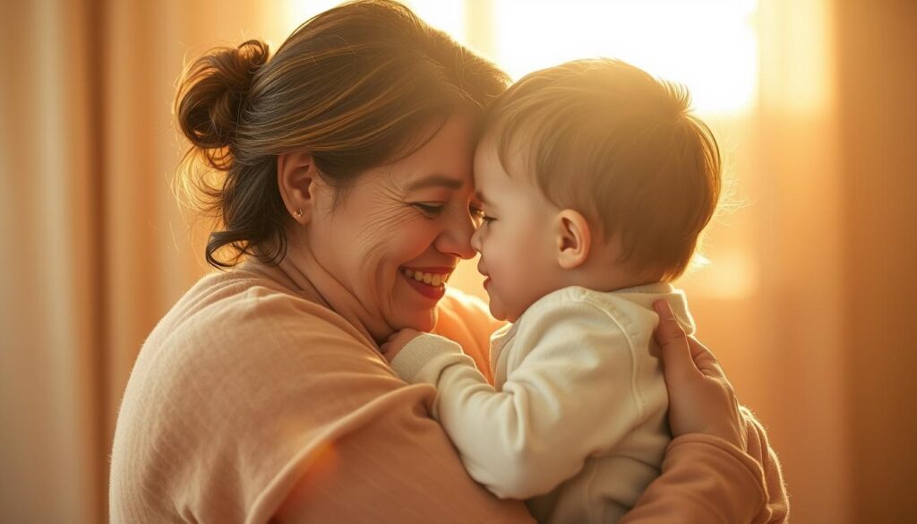 Emotionally evocative scene of a loving mother embraced by her affectionate child, set against a warm, soft-focus background. Gentle lighting bathes the pair in a golden glow, highlighting the tenderness and intimacy of their connection. The child's small hands cradle the mother's face, their eyes locked in a moment of pure, unconditional love. Textures of soft fabrics and skin create a tactile, sensorial experience. The composition conveys the profound emotional significance of the mother-child bond, reflecting the profound impact of heartfelt maternal expressions.