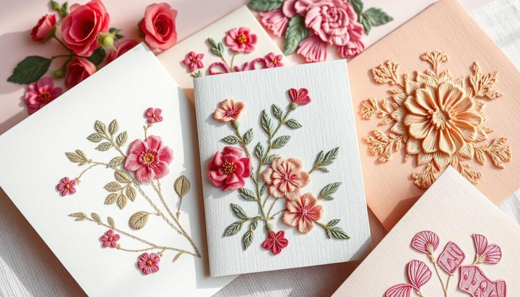 Exquisite embroidered greeting cards, delicately stitched with intricate floral motifs and elegant patterns. An array of vibrant colors and textures, woven together in a harmonious composition. Soft lighting casts gentle shadows, highlighting the intricate needlework and adding depth to the scene. The cards are presented in a clean, minimalist setting, allowing the craftsmanship to take center stage. A serene, refined atmosphere invites the viewer to appreciate the time and care invested in these handmade treasures. The perfect illustration for a section on creative Mother's Day card ideas and DIY projects.