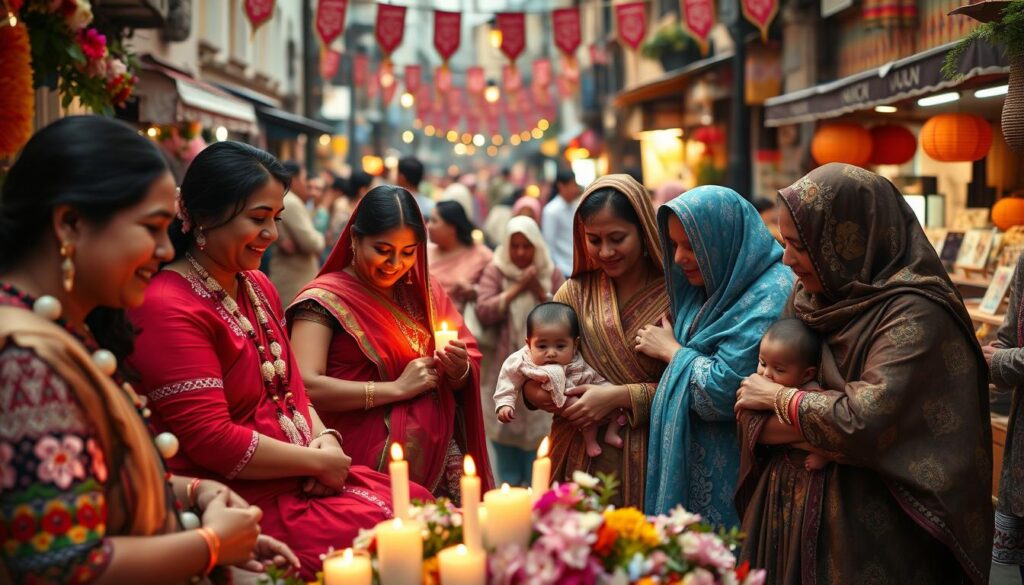 Festive global celebrations for Mother's Day, with women of diverse ethnicities adorned in traditional cultural attire. In the foreground, a warm-lit scene of mothers cradling their children, surrounded by garlands, flowers, and candles. The middle ground depicts joyful family gatherings, with grandparents, siblings, and extended kin embracing. In the background, vibrant city streets are lined with market stalls selling artisanal crafts, handmade cards, and sweet confections. The atmosphere is one of reverence, unity, and unconditional love, captured through a cinematic, wide-angle lens with soft, diffused lighting.