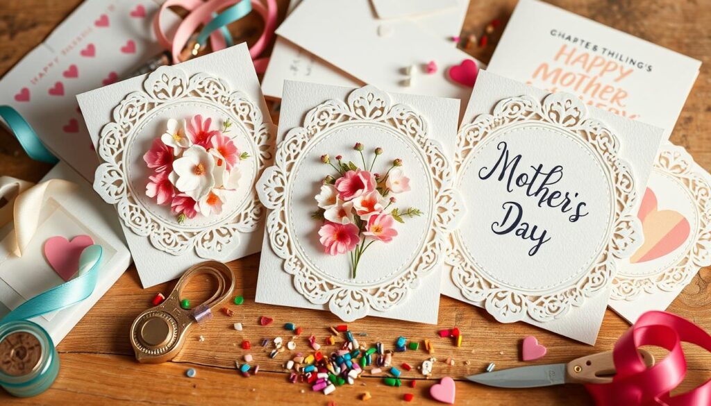 Handcrafted DIY Mother's Day cards with a heartfelt homemade touch. Delicate floral arrangements in pastel hues adorn the center of the cards, framed by intricate lace patterns. Soft lighting casts a warm, inviting glow, highlighting the textured paper and the careful calligraphic details of personalized messages. An assortment of craft supplies, such as colorful ribbons, glitter, and quirky embellishments, are scattered around, suggesting the creative process behind each unique creation. A cozy, intimate atmosphere, perfect for celebrating the special women in one's life.