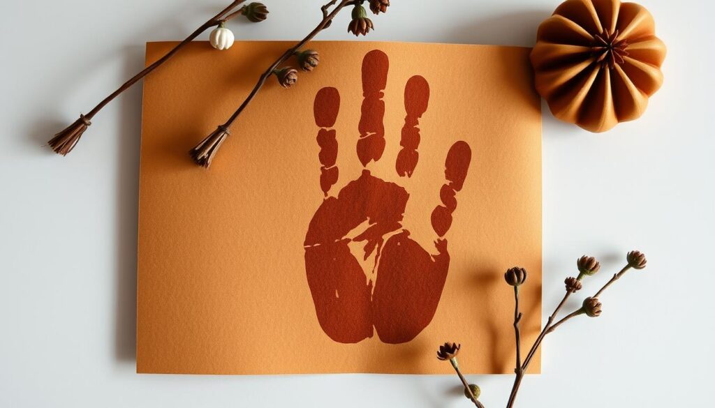 Handmade personalized greeting card featuring a warm, textured handprint design. A serene, earthy color palette with muted tones of ochre, sage, and terracotta. Soft, natural lighting illuminates the tactile, handcrafted quality of the paper surface. The layout is clean and balanced, with the handprint centered and ample negative space surrounding it. A sense of thoughtfulness and human connection radiates from the simple, heartfelt composition. Minimal, understated styling to capture the essence of a meaningful, handcrafted gift.