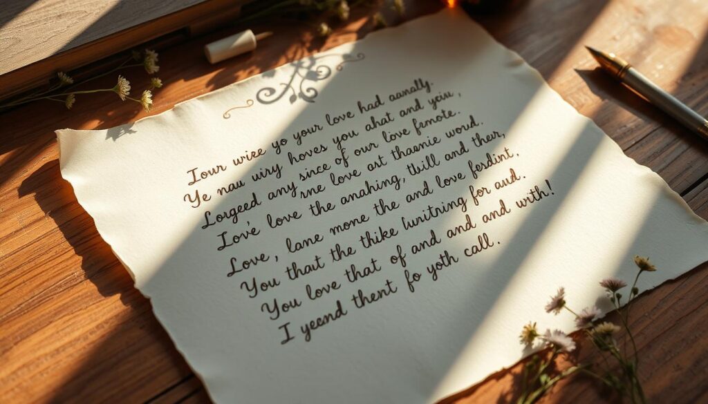 Heartfelt Messages: A warm, handwritten script on a rustic ivory parchment, illuminated by soft natural light and subtle shadows. The text conveys messages of love, appreciation, and gratitude, written with a calligraphic flourish. The parchment is laid atop a wooden table, surrounded by delicate wildflowers and a few personal mementos, creating a serene, intimate atmosphere. The overall composition evokes a sense of connection, tenderness, and the thoughtful expression of emotions.