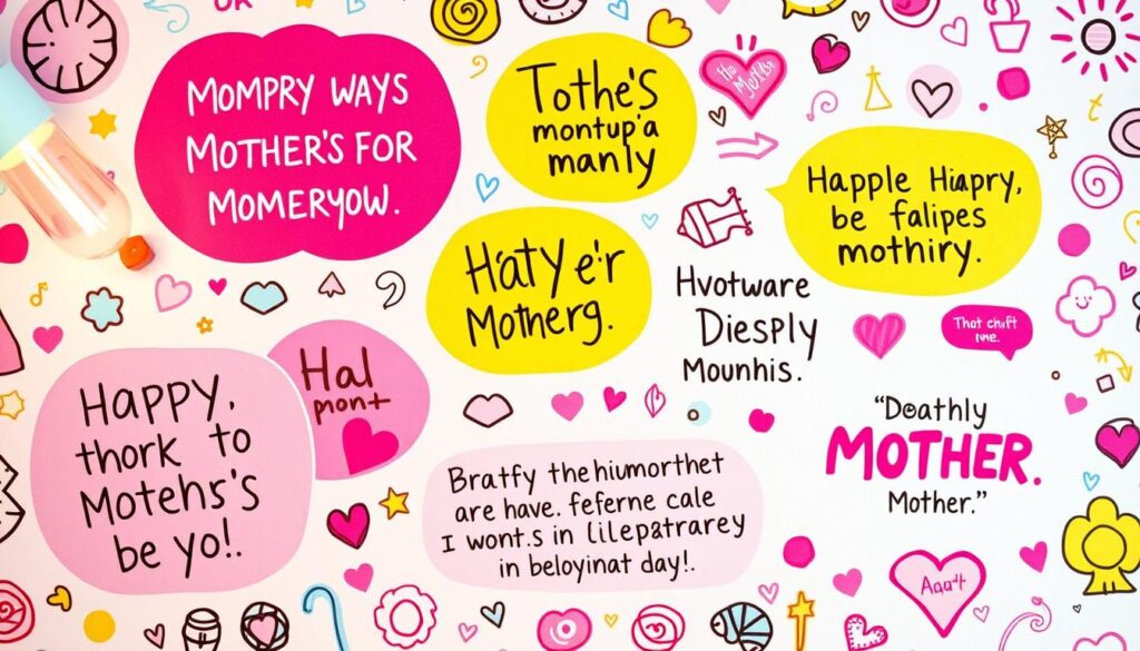 Humorous Mother's Day quotes displayed on a vibrant, whimsical background. A playful arrangement of handwritten-style text in various bright colors and playful fonts, floating amidst a lively pattern of shapes, doodles, and playful illustrations. The composition has a lighthearted, joyful mood, capturing the spirit of celebrating a beloved mother with humor and warmth. Soft, diffused lighting casts a warm glow, enhancing the cheerful, festive atmosphere. The image conveys a sense of playfulness and affection, perfect for illustrating a section on humorous Mother's Day sentiments.