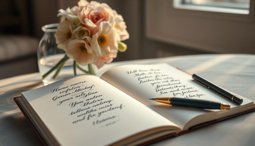 Inspiration für Sprüche für Mama: An elegant still life scene with an open notebook, a calligraphy pen, and a bouquet of fresh flowers in a glass vase. The notebook pages feature handwritten inspirational quotes in a flowing cursive script. Soft, warm lighting from a nearby window casts a gentle glow, creating an inviting and thoughtful atmosphere. The composition is balanced, with the notebook and pen in the foreground, the flowers in the middle ground, and a blurred background suggesting a cozy, intimate setting. The mood is one of creativity, reflection, and appreciation for the special bond between a mother and child.