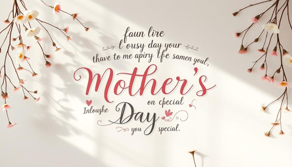 Intricate calligraphy and hand-lettered phrases float gracefully against a soft, pastel-hued backdrop, capturing heartfelt Mother's Day sentiments. Delicate floral elements, such as cascading vines and blooming botanicals, gently frame the emotive text, creating a warm, sentimental atmosphere. The composition is bathed in soft, natural lighting, lending a serene, intimate quality. The overall aesthetic evokes a sense of genuine gratitude, appreciation, and love for the special mother figure.
