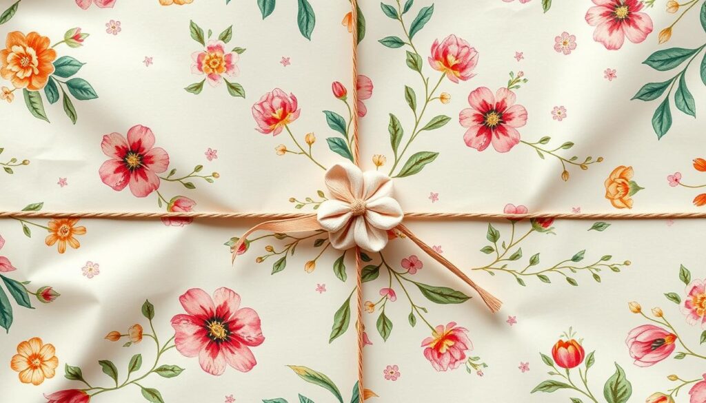 Intricate hand-painted patterns and delicate floral motifs adorn a sheet of high-quality, matte paper, creating a unique and personalized gift wrap. Vibrant hues of green, pink, and gold dance across the surface, infusing the design with a warm, artisanal feel. The composition is balanced, with a focal point in the center and a harmonious arrangement of elements, drawing the eye inward. Soft, diffused lighting casts gentle shadows, adding depth and dimensionality to the scene. The overall presentation evokes a sense of care, creativity, and a touch of whimsy, perfectly capturing the essence of a homemade, heartfelt gift.