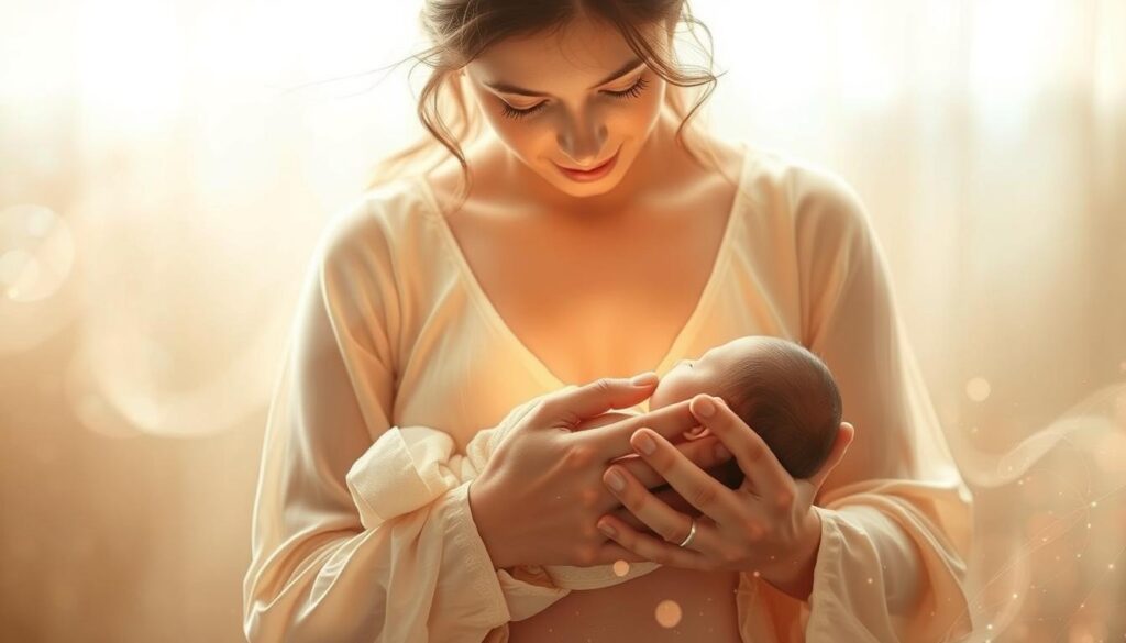 Intricate tapestry of motherly devotion, a delicate dance of emotions etched on a canvas of warmth and understanding. In the foreground, a serene figure radiates a maternal glow, her hands cradling a newborn babe with infinite tenderness. Surrounding her, ephemeral wisps of soft light filter through a dreamlike haze, casting a gentle, ethereal ambiance. In the background, abstract impressions of cherished moments - lullabies whispered, tears wiped away, and unconditional love - weave a tapestry of the profound role a mother plays. Soft, muted tones evoke a sense of reverence, while the composition flows with a graceful, harmonious rhythm that captures the essence of the maternal spirit.