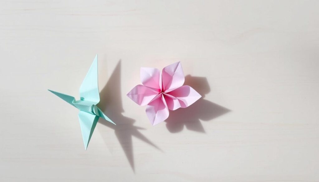 Origami for Gifts: A Tranquil Paper Craft. A neatly folded origami arrangement rests on a plain, light-colored wooden surface, casting soft shadows. The delicate paper forms - a crane, a boat, a flower - in soothing hues of pastel blue, green, and pink, exude a sense of simplicity and mindfulness. Soft, diffused lighting illuminates the scene, highlighting the precise folds and crisp edges of the origami pieces. The overall atmosphere evokes a calming, minimalist aesthetic, perfect for a beginner's guide to this elegant paper-folding art.