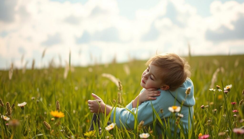 Peaceful meadow on a warm sunny day, soft clouds drifting overhead. In the foreground, a mother and child embrace, their tender touch radiating warmth and gratitude. Gentle sunlight caresses their faces, conveying a sense of cherished moments shared. The child's expression filled with wonder, the mother's gaze brimming with love and appreciation. Lush green grass and wildflowers surround them, creating a serene, picturesque setting that encapsulates the essence of their bond. Soft, diffused lighting lends an ethereal, dreamlike quality to the scene, inviting the viewer to feel the depth of their connection and the profound sense of thankfulness.