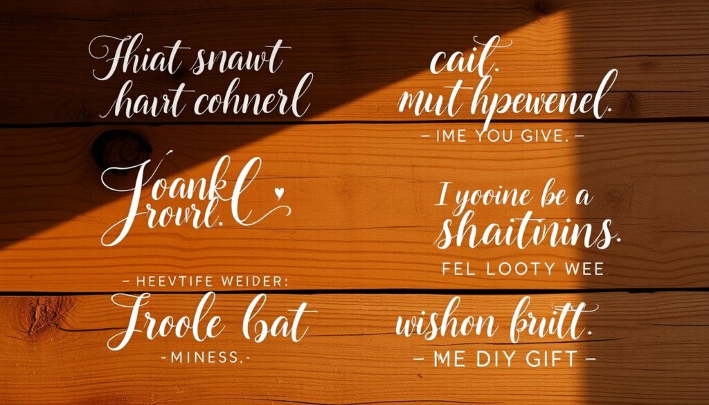 Personalized hand-lettered phrases artfully arranged on a rustic wooden surface, with natural textures and warm lighting. Elegant calligraphy in complementary colors evokes a handmade, heartfelt aesthetic. The composition features a mix of cursive and block lettering, highlighting thoughtful sentiments perfect for DIY gifts. Soft shadows and a slight vignette create depth and a cozy, intimate atmosphere. The overall mood is one of genuine care, creativity, and personal connection.