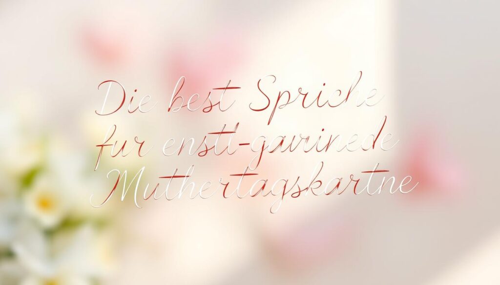 Photorealistic illustration of handwritten calligraphic lettering in elegant cursive script, floating on a soft, pastel-colored background. The lettering spells out "Die besten Sprüche für selbstgemachte Muttertagskarten" in a warm, heartfelt style. The letters appear to be delicately rendered with a fountain pen, each stroke flowing gracefully. The background is a blurred, hazy composition of light colors, creating a serene, peaceful atmosphere. Muted, natural lighting casts gentle shadows, adding depth and dimensionality to the scene. The overall impression is one of thoughtfulness, care, and the sentiment of a handmade Mother's Day card.