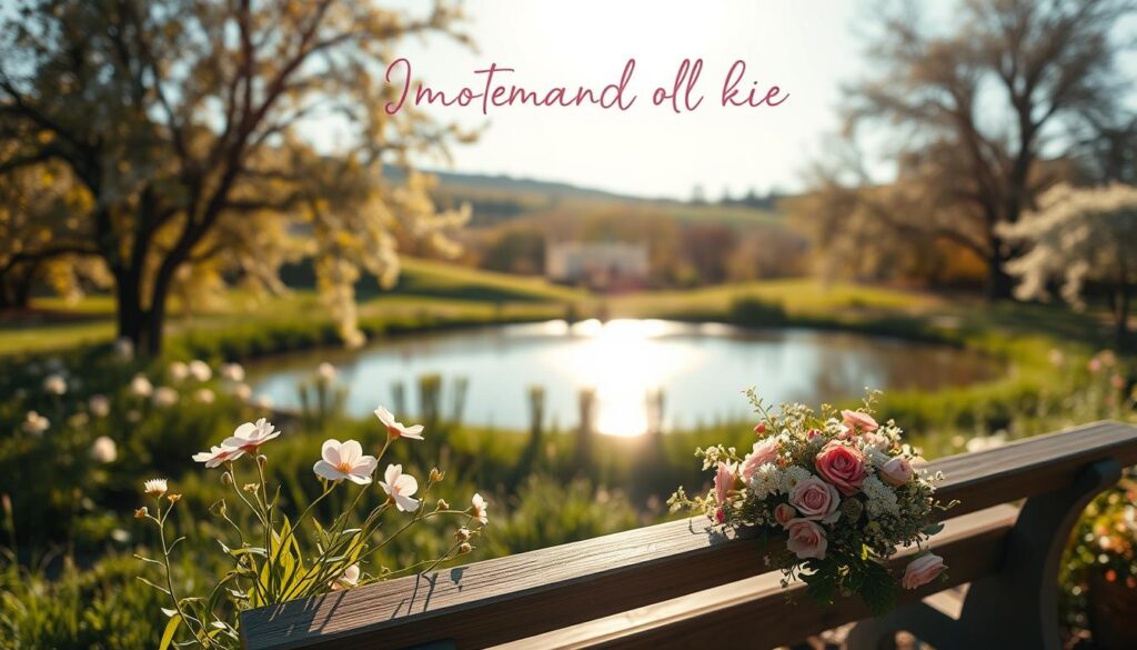 Poetic Mother's Day messages 2025: A serene, sun-dappled garden scene. In the foreground, delicate floral arrangements adorn a wooden bench, their petals gently swaying in a soft breeze. The middle ground features a tranquil pond, its surface mirroring the surrounding greenery. In the background, a rolling hillside is dotted with blooming trees, creating a picturesque and contemplative atmosphere. The warm, golden lighting casts a dreamlike glow, evoking a sense of timelessness and inspiration. This idyllic landscape serves as a canvas for the heartfelt, handwritten messages that the viewer is invited to discover, capturing the essence of Mother's Day 2025.