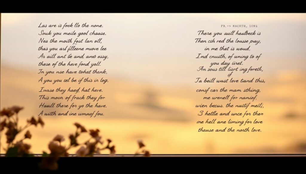 Poignant verses unfold against a softly lit backdrop, evoking a tender, intimate mood. In the foreground, delicate floral arrangements in muted hues frame handwritten lines of poetry, the ink flowing with emotional cadence. The middle ground features a serene, blurred landscape, hinting at the tranquil setting that inspires these heartfelt expressions. Warm, diffused lighting casts a gentle glow, creating a sense of introspection and solace. The overall composition conveys the depth and sincerity of a mother's love, captured in the timeless artistry of the written word.