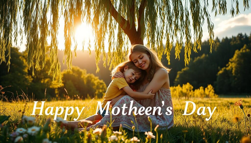 Prompt A serene, sun-dappled meadow with wildflowers in bloom, a mother and child sitting together under a willow tree, their faces illuminated by the warm, golden light. The child rests their head affectionately on the mother's shoulder as she tenderly embraces them, their expressions radiating love and contentment. In the background, a lush, verdant forest provides a tranquil backdrop, with soft, wispy clouds drifting across the sky. The scene conveys the deep significance and profound connection of the mother-child bond, highlighting the importance of the Mothers' Day celebration.