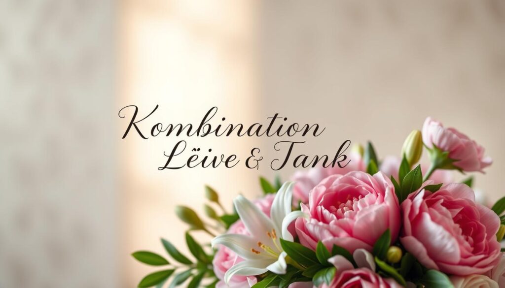 Romantic calligraphic design with the German phrase "Kombination Liebe Dank" (Combination of Love and Gratitude) elegantly displayed. In the foreground, a delicate floral arrangement with pink peonies, white lilies, and lush greenery, conveying a sense of love and appreciation. The middle ground features a warm, soft-focus bokeh effect, creating a dreamy, emotional atmosphere. The background has a muted, pastel-toned pattern, providing a harmonious and soothing backdrop. Lighting is gentle and diffused, casting a subtle glow across the composition. The overall aesthetic is one of heartfelt sentiment, gratitude, and the beautiful pairing of love and thankfulness.