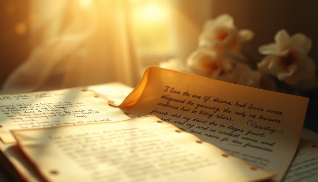 Selbstgeschriebene Gedichte - a delicate flurry of handwritten verses, penned with care and emotion. In the foreground, a collection of weathered pages, their edges softened by time, each line a heartfelt expression. Surrounding them, a warm, radiant light illuminates the scene, casting a gentle glow that evokes the love and sentimentality of the words. In the background, a dreamy, ethereal backdrop of soft, muted colors, suggesting the ethereal nature of poetry and the power of the written word to touch the soul. The overall composition conveys a sense of intimacy, authenticity, and the deeply personal connection between a mother and her child.