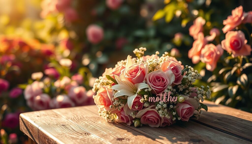 Serene garden setting with lush foliage and vibrant blooms, soft lighting creates a warm, intimate atmosphere. At the center, a delicate bouquet of roses, lilies, and baby's breath rests atop a weathered wooden table, cast in a golden glow. Handwritten verses adorn the petals, elegant calligraphy expressing heartfelt sentiments for a beloved mother. The scene evokes a sense of thoughtfulness, appreciation, and the unique bond between a mother and child. Subtle textures and natural elements throughout create a timeless, romantic mood, perfect for honoring a special maternal figure.