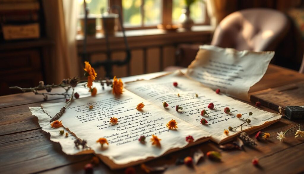 Soft, handwritten German poetry on aged parchment paper, scattered with dried flowers and leaves, resting on a wooden table in a cozy, sun-dappled cottage interior. Warm, golden lighting casts a nostalgic glow, hinting at the love and care poured into these verses for a beloved grandmother. The composition is balanced, with the poems as the focal point, surrounded by delicate floral accents and subtle textures that evoke a sense of timeless tradition and familial affection.