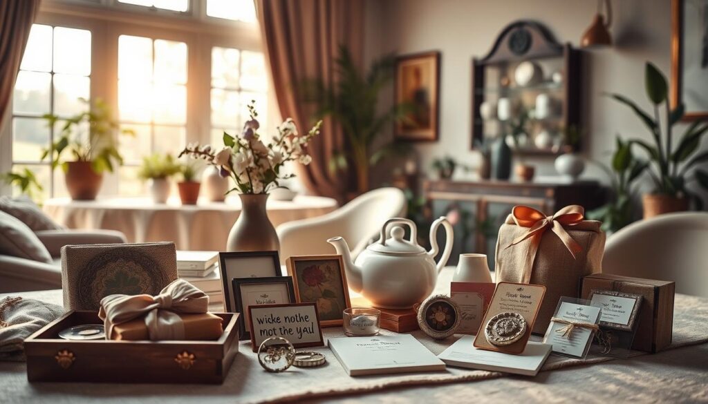 Sophisticated yet heartfelt creative gifts for Mother's Day, arranged in a visually striking still life composition. In the foreground, an assortment of handmade keepsakes, trinkets, and personalized mementos, each imbued with thoughtfulness and care. Midground features an elegant table setting with a linen tablecloth, ceramic vase with fresh flowers, and delicate tea set. The background depicts a cozy, sun-dappled interior with plush textiles, potted plants, and inviting natural light pouring in through large windows. The overall mood is warm, intimate, and celebratory, capturing the joyful spirit of honoring a beloved mother figure.