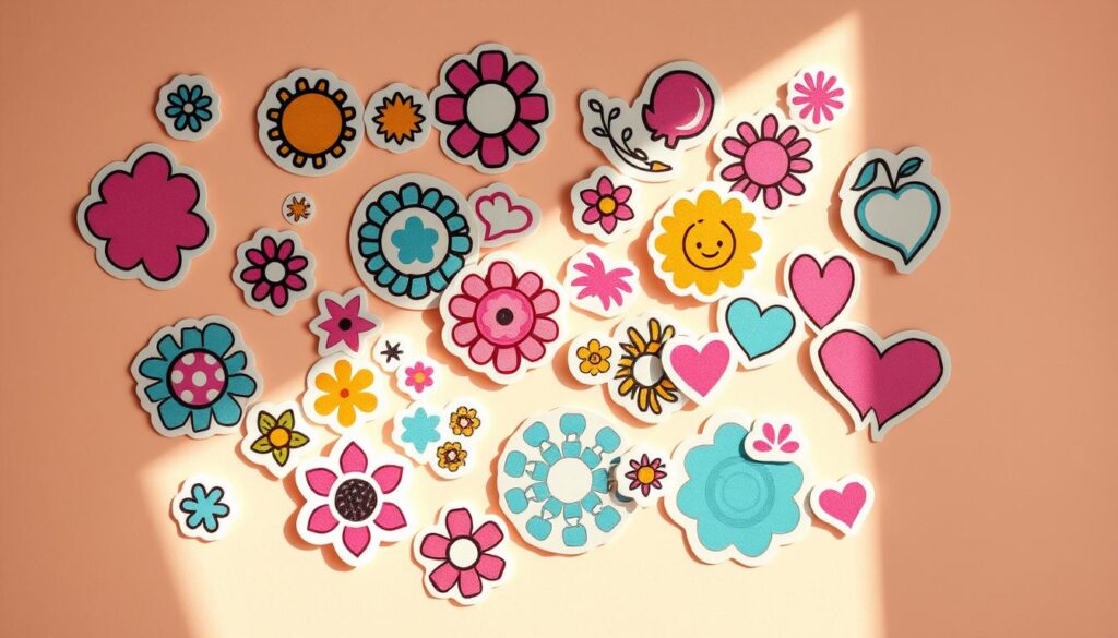 Stickers for gift certificate decoration: A vibrant array of decorative stickers arranged artfully on a soft, pastel background. Geometric shapes, floral patterns, and playful icons create a visually appealing patchwork effect. Warm, diffused lighting casts a gentle glow, highlighting the tactile texture of the stickers. The composition is balanced, with the stickers strategically placed to draw the eye. An effortless, handcrafted aesthetic evokes a sense of joy and creativity, perfect for adding a personalized touch to Mother's Day gifts.