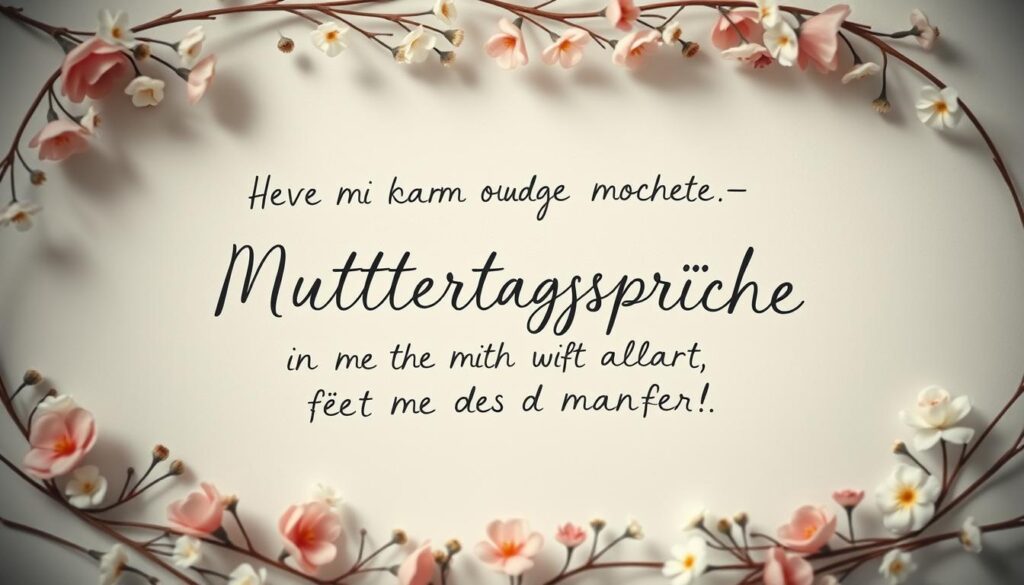 Tender, handwritten-style calligraphy on a softly lit background, displaying heartfelt "Muttertagssprüche" - affectionate Mother's Day messages from children. A delicate floral border frames the loving sentiments, evoking a sense of joy and appreciation. The composition has a warm, intimate atmosphere, conveying the cherished bond between mothers and their children. Muted, pastel colors create a soothing, serene mood. Slight vignetting and a shallow depth of field draw the viewer's focus to the expressive lettering at the center of the frame.