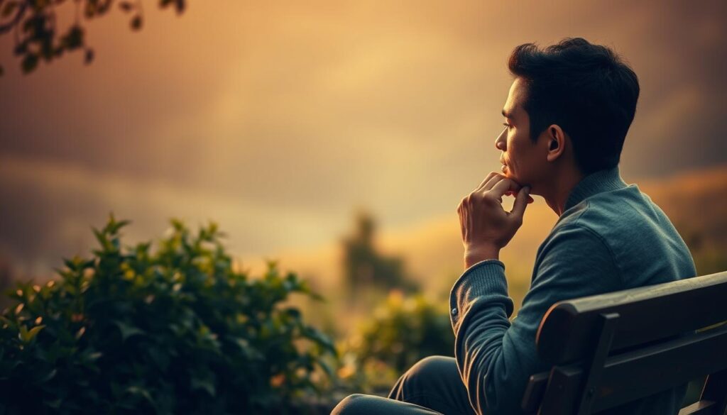 Thoughtful Contemplations: A serene landscape, soft lighting illuminates a wooden bench nestled among lush greenery. In the foreground, a pensive figure sits, chin resting on their hand, deep in introspective reflection. The background blurs into a muted, dreamlike haze, inviting the viewer to pause and ponder the wisdom held within this contemplative moment. Warm, earthy tones create a soothing, meditative atmosphere, encouraging the viewer to reflect on life's deeper meanings. Careful composition and gentle contrast draw the eye to the central figure, whose pose and expression convey a sense of quiet understanding.