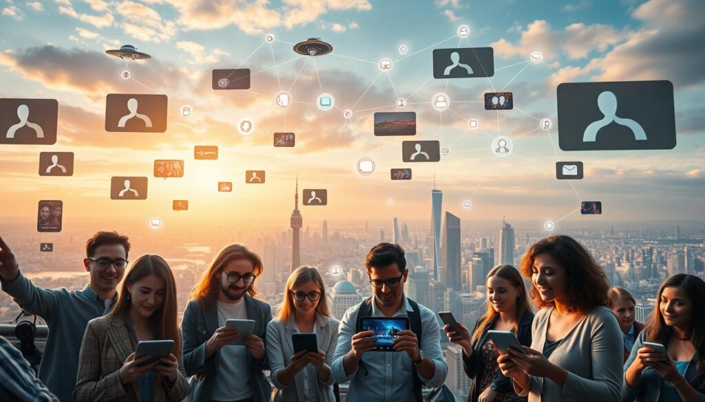 Verbreitung von Botschaften: A vibrant digital landscape showcasing the diverse ways messages can be shared globally. In the foreground, a group of individuals using various digital devices to broadcast their messages, their expressions animated with enthusiasm. The middle ground features a network of interconnected virtual channels, pulsing with the flow of information. In the background, a panoramic vista of international landmarks, symbolizing the worldwide reach of modern communication. Warm, diffused lighting casts a sense of optimism, while a cinematic camera angle captures the dynamic energy of this scene. The overall composition conveys the power of technology to unite and empower individuals in the sharing of meaningful messages.