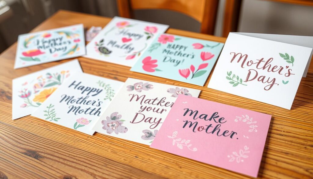 Vibrant and whimsical Mother's Day cards laid out on a wooden table, with a warm, natural lighting and a soft, slightly defocused background. The cards feature a variety of handmade designs, including floral patterns, abstract shapes, and heartfelt messages in a mix of calligraphy and modern typography. The scene conveys a sense of creativity, thoughtfulness, and the celebration of motherhood, encouraging the viewer to be inspired and make their own unique card for the special day.