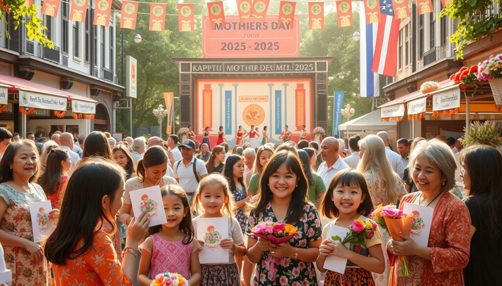 Vibrant celebration of Mothers' Day 2025, showcasing a diverse gathering of families in a lively town square. In the foreground, children present handmade cards and bouquets to their joyful mothers, captured in a warm, candid moment. The middle ground features a colorful stage with traditional dance performances, framed by flags and banners honoring mothers of all cultures. In the background, stalls offer artisanal crafts, fresh flowers, and delectable treats, creating a festive atmosphere. Soft, golden lighting filters through, evoking a sense of togetherness and gratitude. The scene radiates a harmonious blend of modern and timeless elements, celebrating the universal spirit of motherhood.