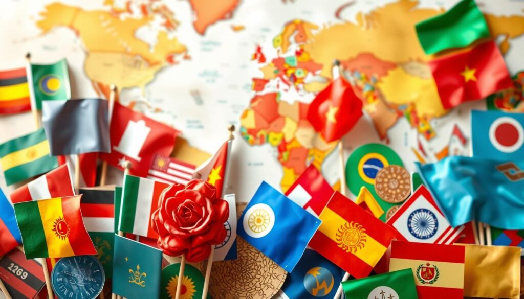 Vibrant international greetings, a collage of cultural symbols and colors. In the foreground, a diverse arrangement of national flags and traditional icons, textured and layered. The middle ground showcases intricate patterns and motifs from around the world, creating a rich tapestry. In the background, a softly blurred world map, subtly hinting at the global nature of this celebration. The lighting is warm and inviting, casting a harmonious glow over the entire scene. The overall composition evokes a sense of unity, diversity, and the shared experience of honoring motherhood across cultures.