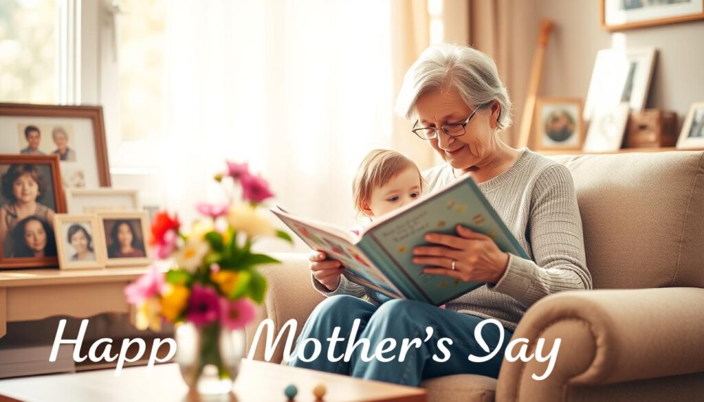 Warm afternoon light filters through a window, illuminating a cozy living room. In the foreground, a loving grandmother sits in a plush armchair, holding a young child in her lap as they read a storybook together. The grandmother's face is filled with tenderness and patience, her hands gently guiding the pages. In the middle ground, a vase of freshly picked flowers rests on a wooden side table, adding a touch of vibrant color. The background features family photographs and cherished mementos, creating a sense of enduring tradition and familial bonds. The overall scene conveys the profound significance of the grandmother's role, and the special connection between grandparent and grandchild on Mother's Day.