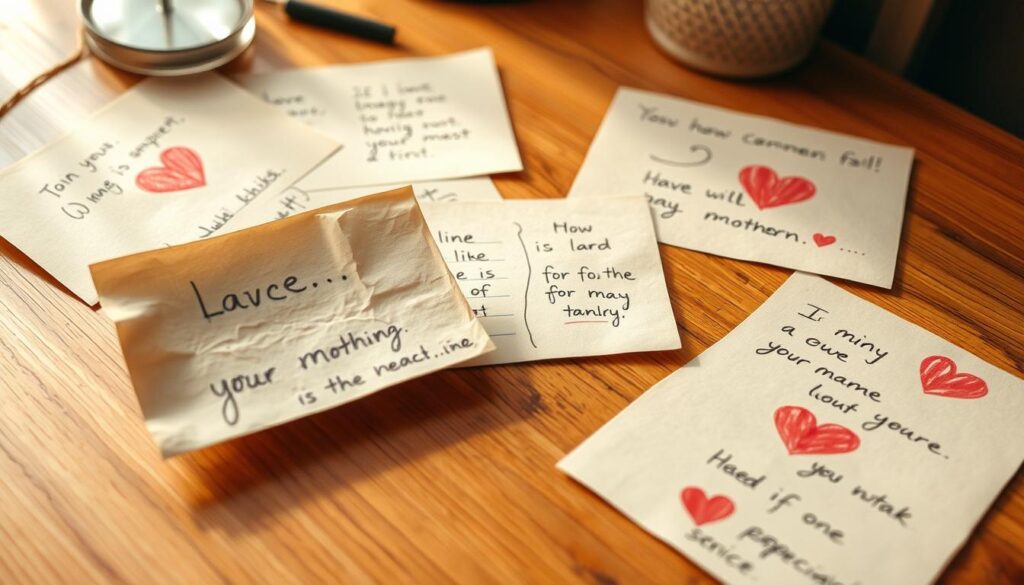 Warm and cozy scene of a young child's handwritten notes and drawings expressing heartfelt love and appreciation for their mother. Soft, muted colors and textures create an intimate, heartwarming atmosphere. The notes are scattered across a wooden surface, perhaps a kitchen table or desk, reflecting the sincere, genuine nature of the child's sentiments. Subtle lighting gently illuminates the scene, casting a gentle glow and evoking feelings of tenderness and affection. The composition balances the delicate, childlike elements with a sense of thoughtfulness and care, capturing the special bond between mother and child.