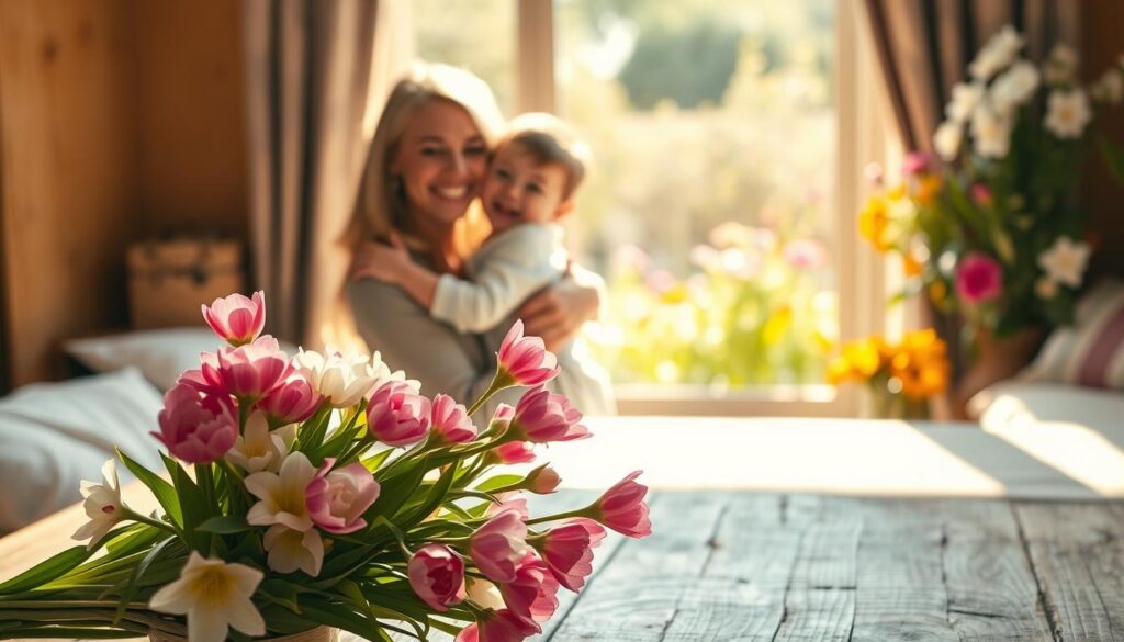 Warm, golden afternoon light bathes a cozy domestic scene. In the foreground, a bouquet of vibrant spring flowers sits on a weathered wooden table, petals softly illuminated. In the middle ground, a smiling mother embraces her young child, their tender moment captured in a soft, hazy focus. Through a window in the background, a lush garden bursts with blooming flowers, creating a serene, natural backdrop. The overall atmosphere evokes a sense of familial love, comfort, and the joyful celebration of motherhood.