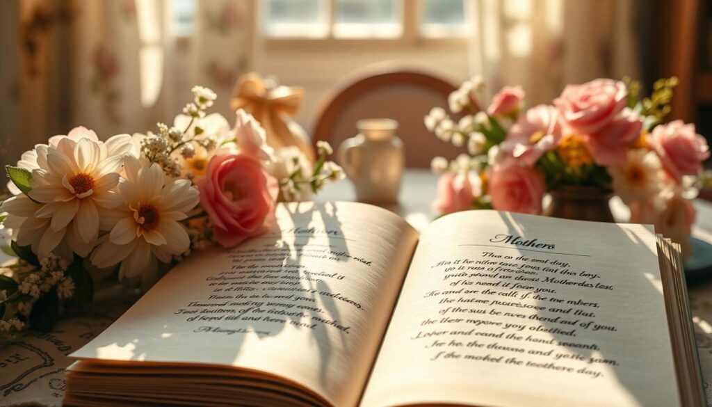 Warm sunlight filters through delicate floral arrangements, casting a soft, romantic glow over an open book of traditional mother's day poetry. Calligraphic verses adorn handcrafted paper, their elegant lines conveying heartfelt sentiments. In the background, a cozy, vintage-inspired setting hints at the timeless tradition of honoring mothers through the timeless medium of the written word. A 50mm lens captures the scene, highlighting the tactile, intimate nature of this poetic celebration. The overall mood is one of reverence, gratitude, and the enduring power of the mother-child bond.