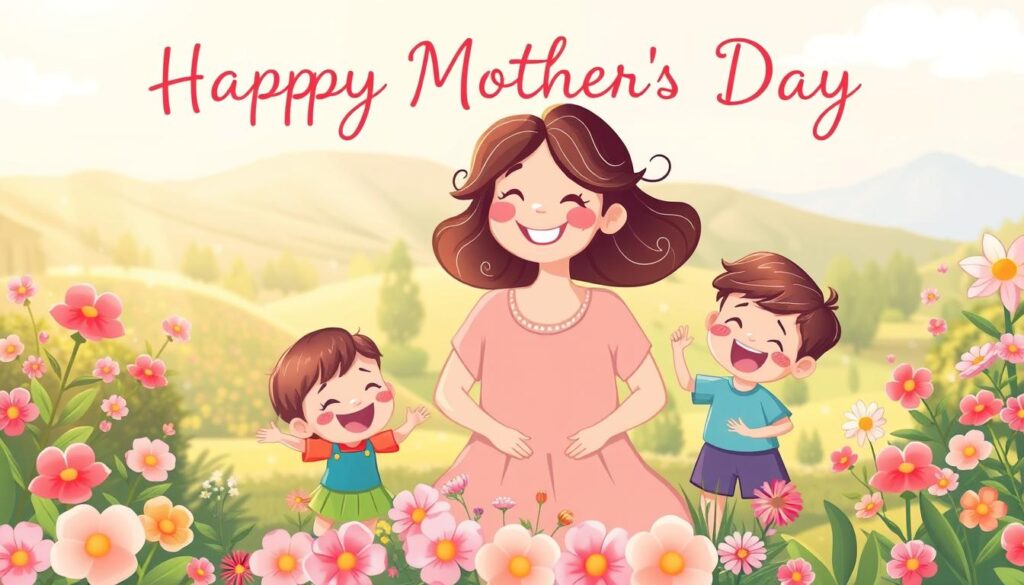 Whimsical Mother's Day greetings depicted in a warm, lighthearted illustration. A vibrant garden scene with playful cartoon characters, including a smiling mother figure surrounded by her cheerful children. Soft, pastel color palette. The foreground features the family engaging in joyful activities, with the mother at the center. The middle ground showcases lush, blooming flowers and a picturesque landscape. The background hints at a serene, sun-dappled atmosphere, creating an overall mood of celebration and affection. The image conveys a sense of playfulness, love, and the special bond between a mother and her children.