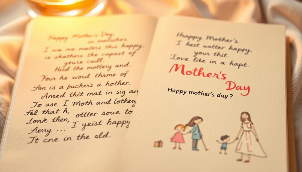 Whimsical Mother's Day poems, handwritten in colorful calligraphy, drifting across a soft, pastel-hued background. Quirky illustrations of mothers and children, sketched in an endearing, cartoon-like style, adorn the page. Warm, golden lighting casts a cozy, intimate glow, while a shallow depth of field gently blurs the edges, drawing the viewer's focus to the central compositions. An atmosphere of lighthearted sentimentality, joyful nostalgia, and familial affection permeates the scene.