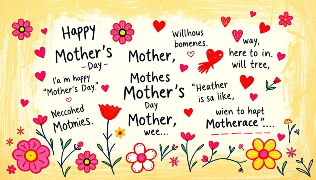 Whimsical Mother's Day quotes depicted in a cheerful, hand-drawn style. A collection of playful, humorous messages nestled within a vibrant, textured background. Bright, playful colors and a cheerful, lighthearted mood evoke a smile. Illustrated elements like flowers, hearts, and doodles create a delightful, playful visual to celebrate motherhood. The composition is balanced, with the quotes as the focal point, surrounded by complementary illustrations that enhance the overall theme. Warm, soft lighting casts a cozy, homemade feel, as if these charming expressions were crafted by a loving child.