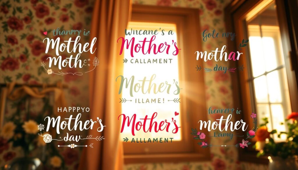 Whimsical Mother's Day sayings, hand-painted in colorful calligraphy, displayed against a cheerful floral backdrop. Warm sunlight filters through a window, casting a cozy glow. The composition features a mix of traditional and modern design elements, with playful typography complementing delicate botanical illustrations. The overall mood is lighthearted and celebratory, capturing the spirit of honoring mothers with heartfelt, humorous messages.