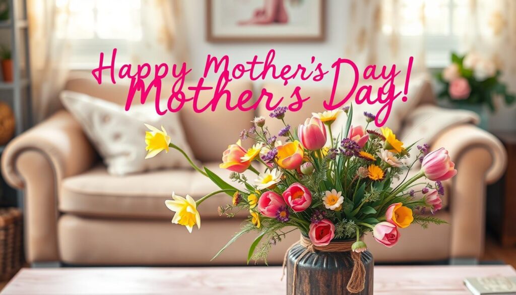 Whimsical and colorful Mother's Day greetings, handwritten in a playful script on pastel-colored paper with a soft, warm glow. In the foreground, a vibrant bouquet of spring flowers - daffodils, tulips, and wildflowers - arranged casually in a rustic vase. The middle ground features a cozy living room setting, with plush textures and natural light filtering through lace curtains. In the background, a cheerful pattern of polka dots or florals adds a touch of festive charm. The overall mood is joyful, lighthearted, and celebrates the warmth and love of motherhood.